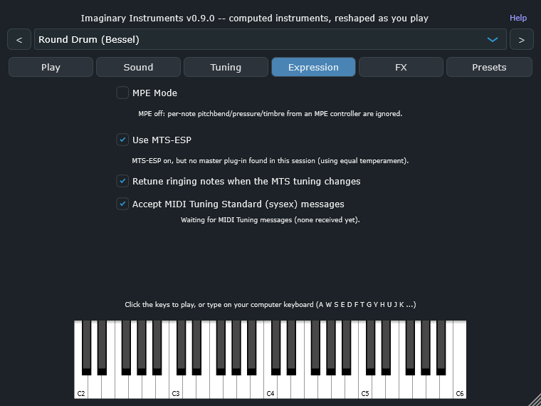 Expression tab, showing the MPE and MTS-ESP toggles and the retune option