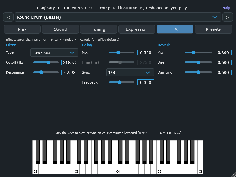 FX tab, showing a low-pass filter, a tempo-synced delay and a reverb in three columns
