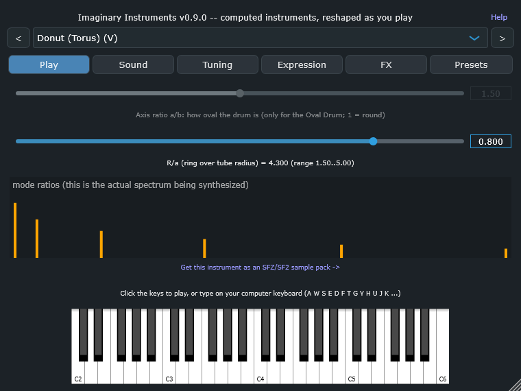 Play tab, showing the Donut instrument with its shape knob turned and the SFZ/SF2 link