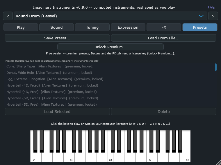 Presets tab, showing the preset browser list with a premium entry greyed out