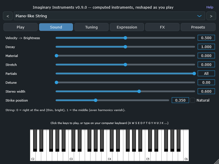 Sound tab on the Piano-like String, showing Velocity to Brightness, Decay, Material, Stretch, Partials, Detune, Stereo width and Strike position