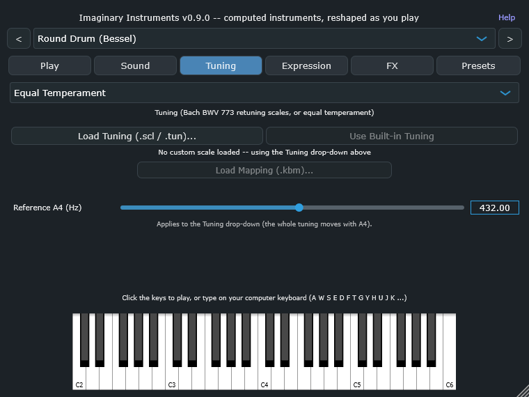 Tuning tab, showing the tuning dropdown, Scala .scl/.kbm load buttons and the Reference A4 slider